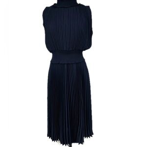NWT Nanette Lepore Smocked Waist High Neck Pleated Dress Navy Blue Size 10